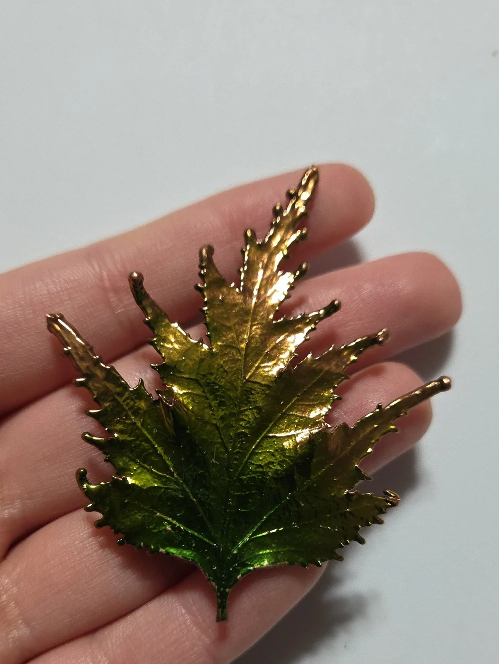 Vintage Real Leaf Brooch Green Electroformed Copper Botanical Nature Pin